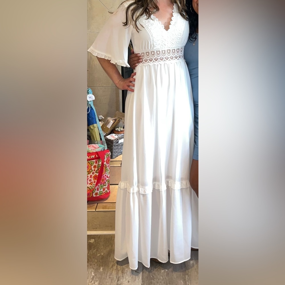 white premier amour flutter sleeve maxi dress